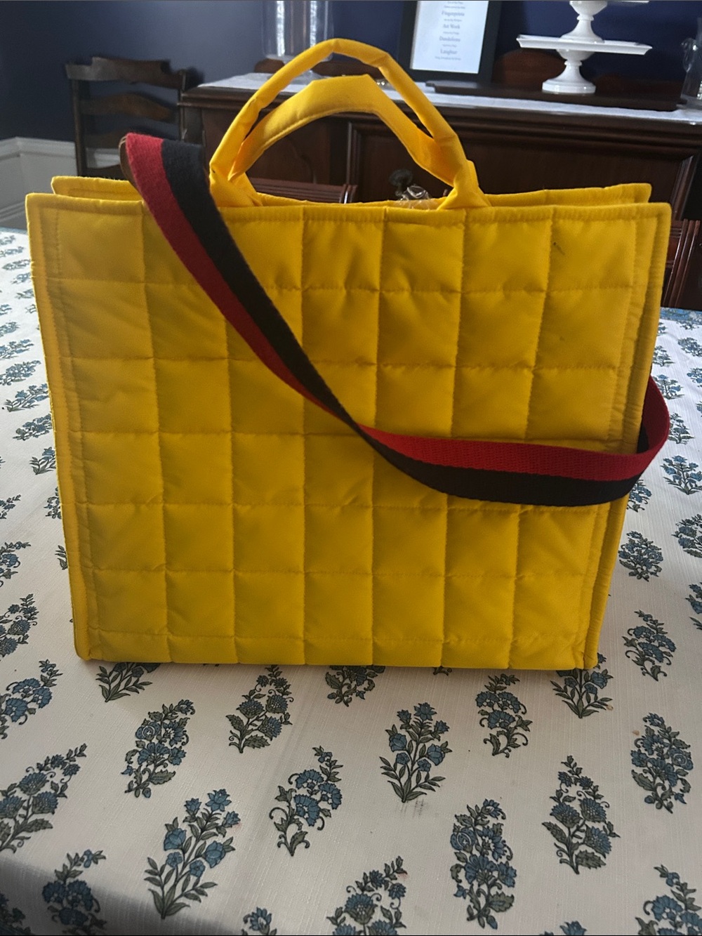 Yellow Quilted Tote with Red-Black Shoulder Strap